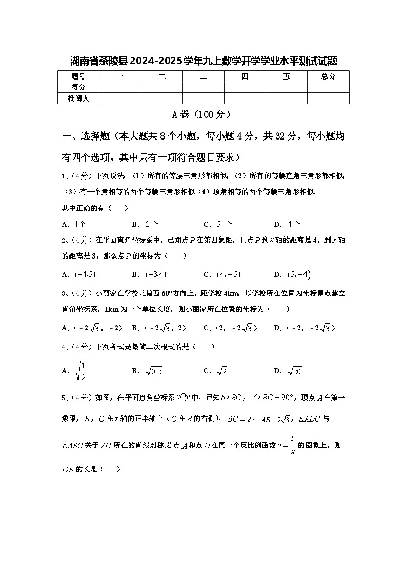 湖南省茶陵县2024-2025学年九上数学开学学业水平测试试题【含答案】第1页