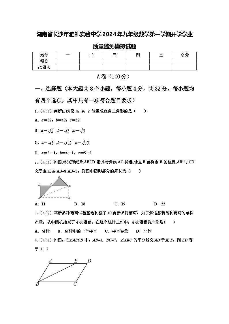 湖南省长沙市雅礼实验中学2024年九年级数学第一学期开学学业质量监测模拟试题【含答案】第1页