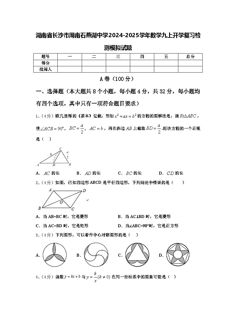 湖南省长沙市周南石燕湖中学2024-2025学年数学九上开学复习检测模拟试题【含答案】第1页
