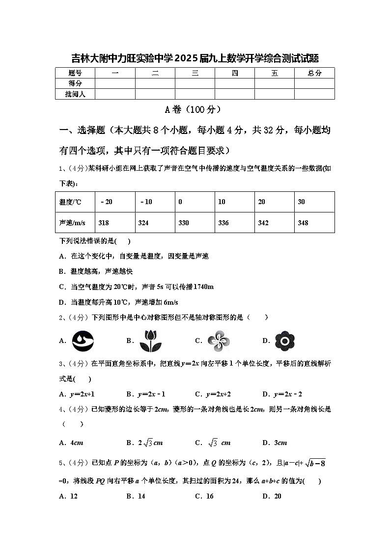 吉林大附中力旺实验中学2025届九上数学开学综合测试试题【含答案】01