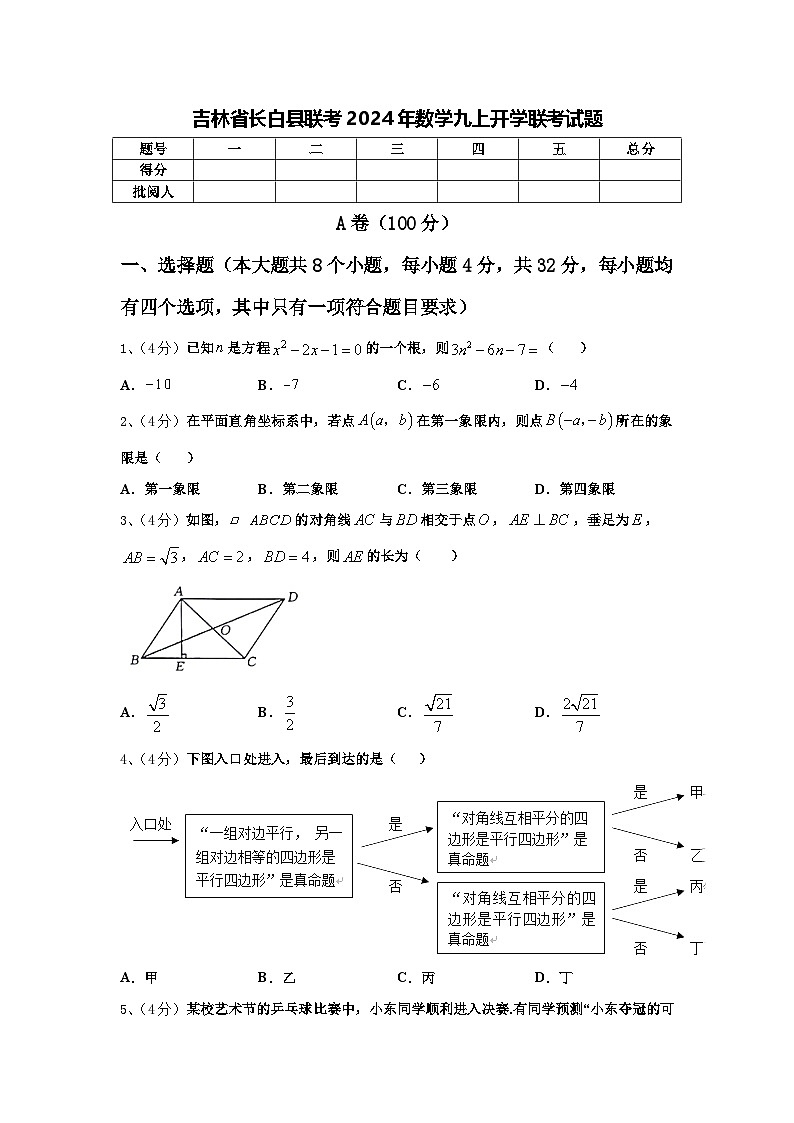 吉林省长白县联考2024年数学九上开学联考试题【含答案】第1页