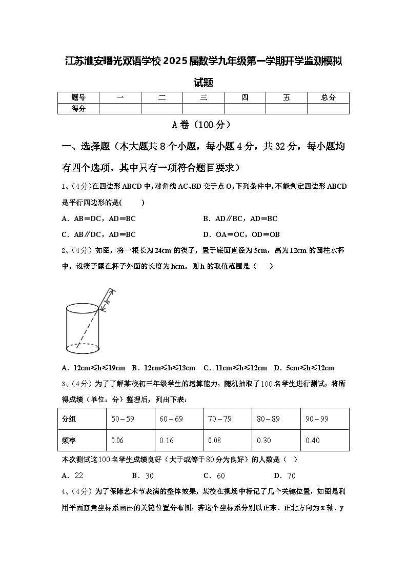 江苏淮安曙光双语学校2025届数学九年级第一学期开学监测模拟试题【含答案】第1页