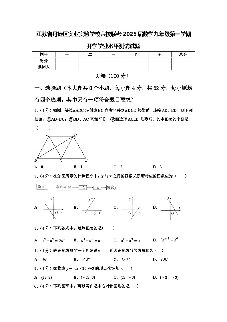 江苏省丹徒区实业实验学校六校联考2025届数学九年级第一学期开学学业水平测试试题【含答案】第1页
