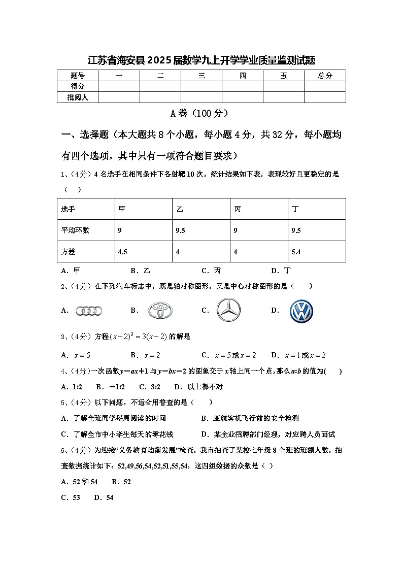 江苏省海安县2025届数学九上开学学业质量监测试题【含答案】第1页