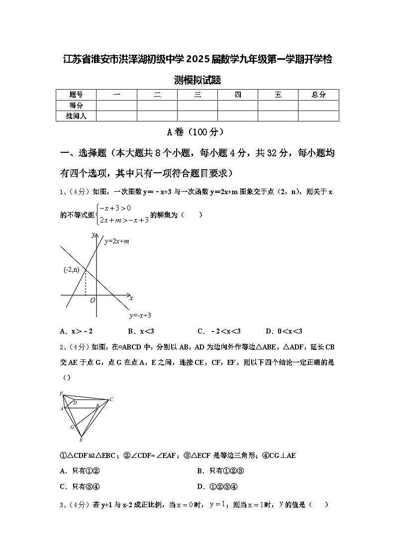 江苏省淮安市洪泽湖初级中学2025届数学九年级第一学期开学检测模拟试题【含答案】第1页