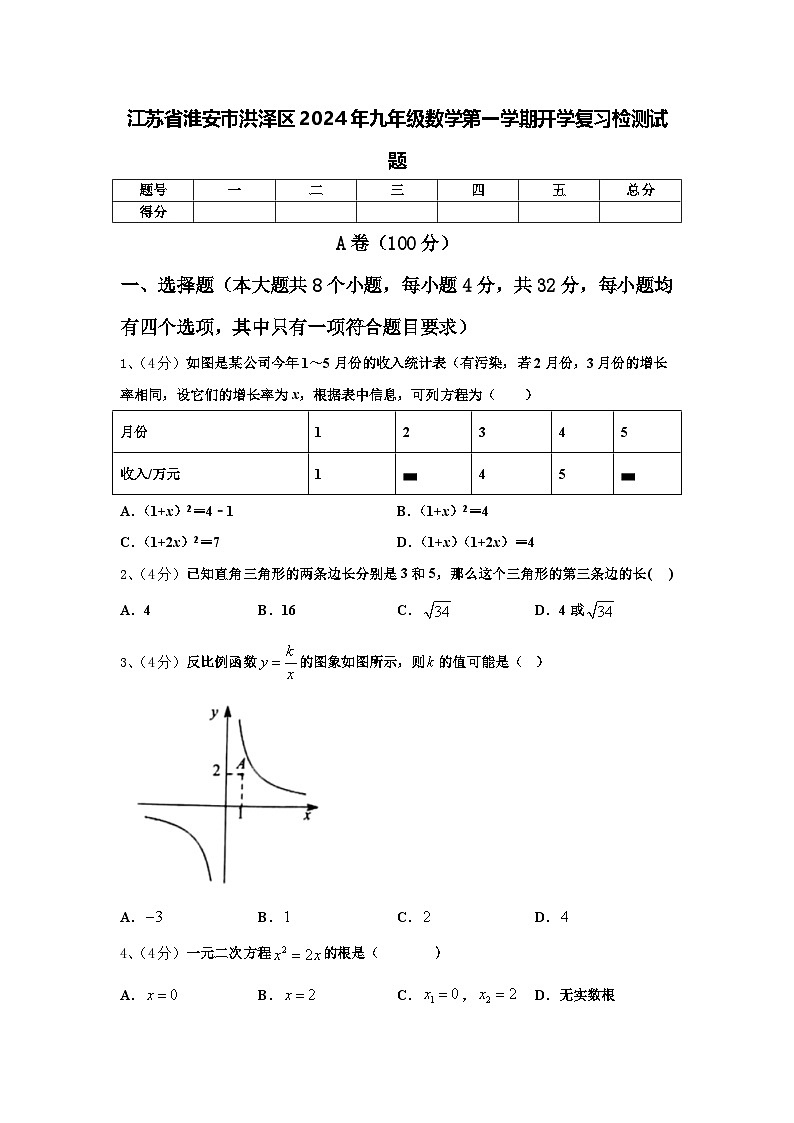 江苏省淮安市洪泽区2024年九年级数学第一学期开学复习检测试题【含答案】第1页