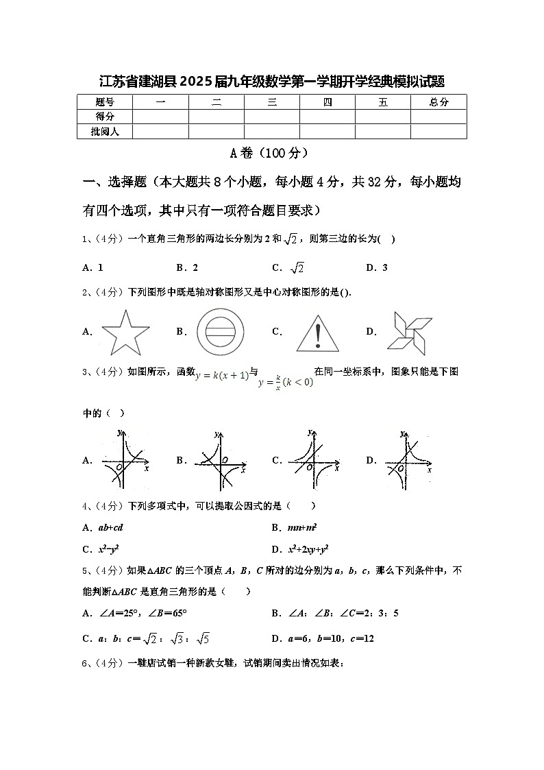 江苏省建湖县2025届九年级数学第一学期开学经典模拟试题【含答案】第1页