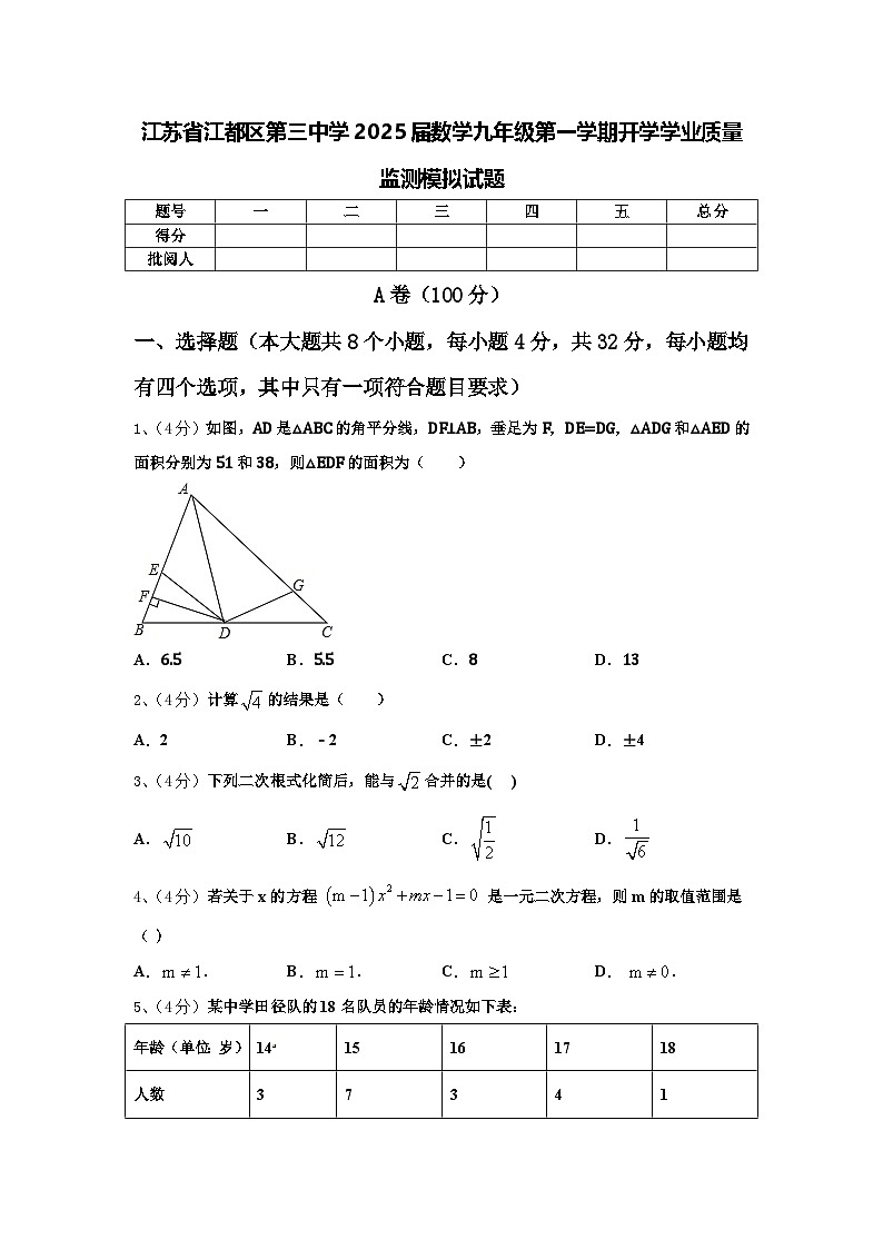 江苏省江都区第三中学2025届数学九年级第一学期开学学业质量监测模拟试题【含答案】第1页
