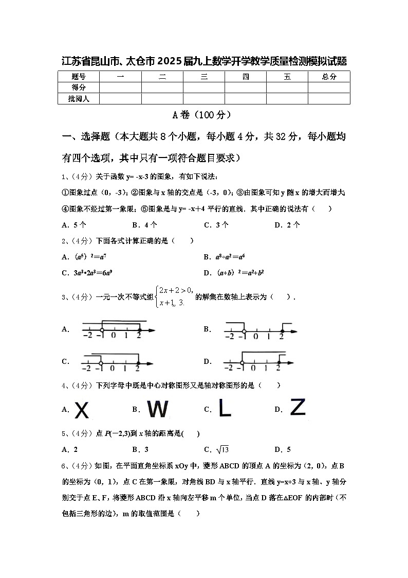 江苏省昆山市、太仓市2025届九上数学开学教学质量检测模拟试题【含答案】第1页