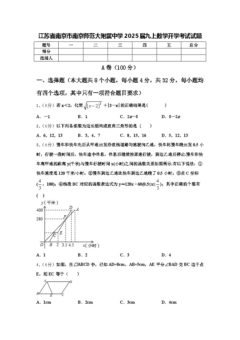 江苏省南京市南京师范大附属中学2025届九上数学开学考试试题【含答案】01
