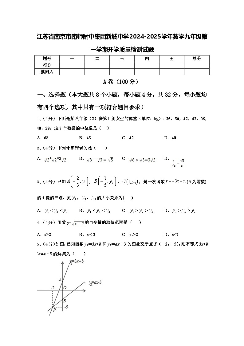 江苏省南京市南师附中集团新城中学2024-2025学年数学九年级第一学期开学质量检测试题【含答案】第1页
