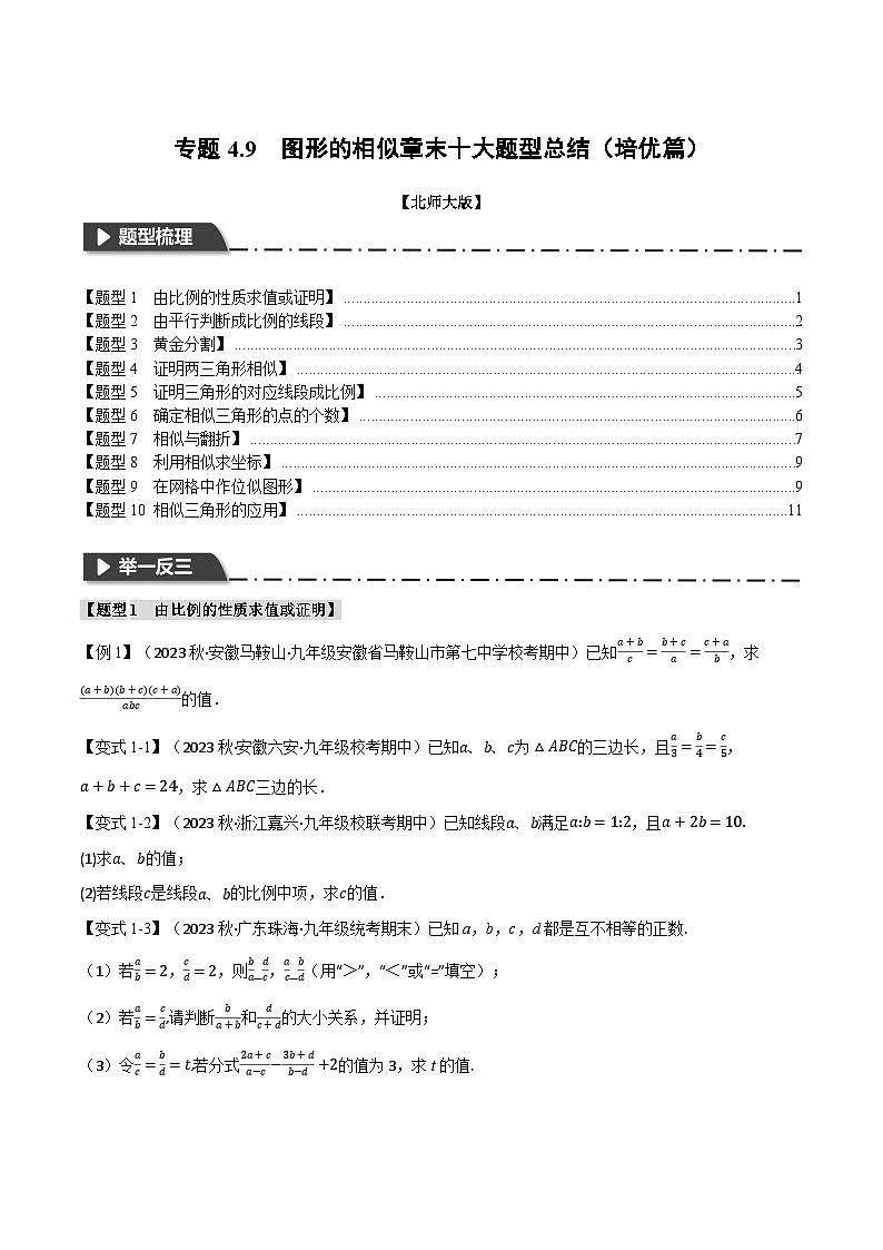 北师大版2024-2025学年九年级数学上册专题4.9图形的相似章末十大题型总结(培优篇)专题特训(原卷版+解析)第1页