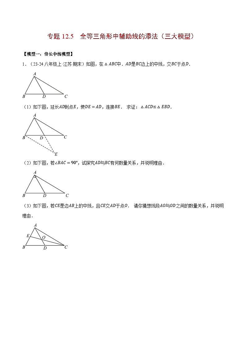 人教版2024-2025学年八年级数学专题12.5全等三角形中辅助线的添法(三大模型)(压轴题专项讲练)专题特训(学生版+解析)第1页