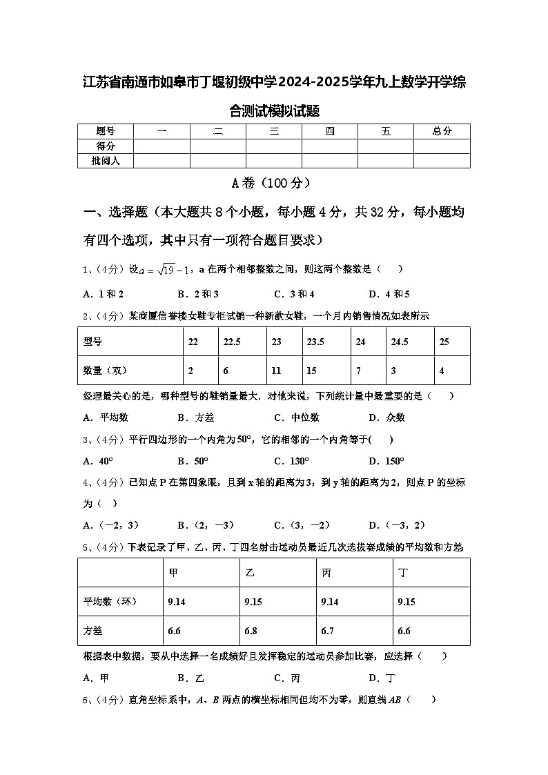 江苏省南通市如皋市丁堰初级中学2024-2025学年九上数学开学综合测试模拟试题【含答案】01