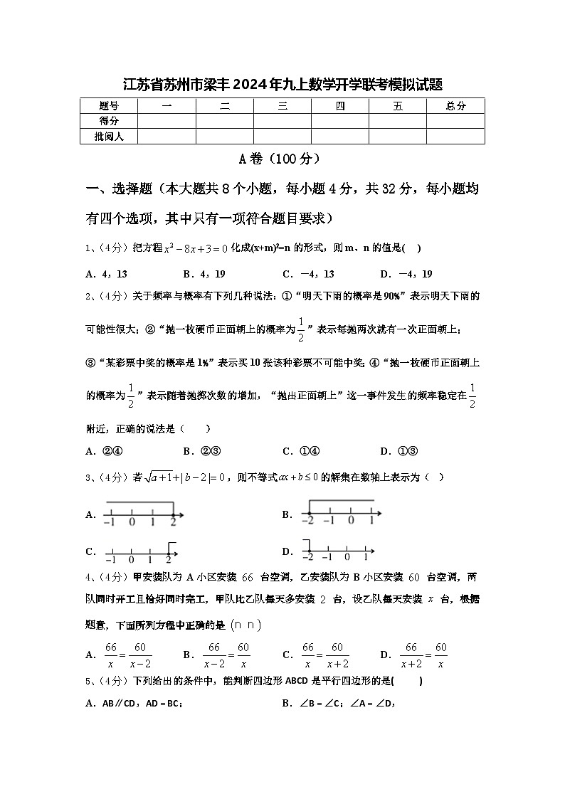 江苏省苏州市梁丰2024年九上数学开学联考模拟试题【含答案】第1页