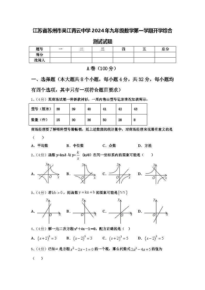 江苏省苏州市吴江青云中学2024年九年级数学第一学期开学综合测试试题【含答案】第1页
