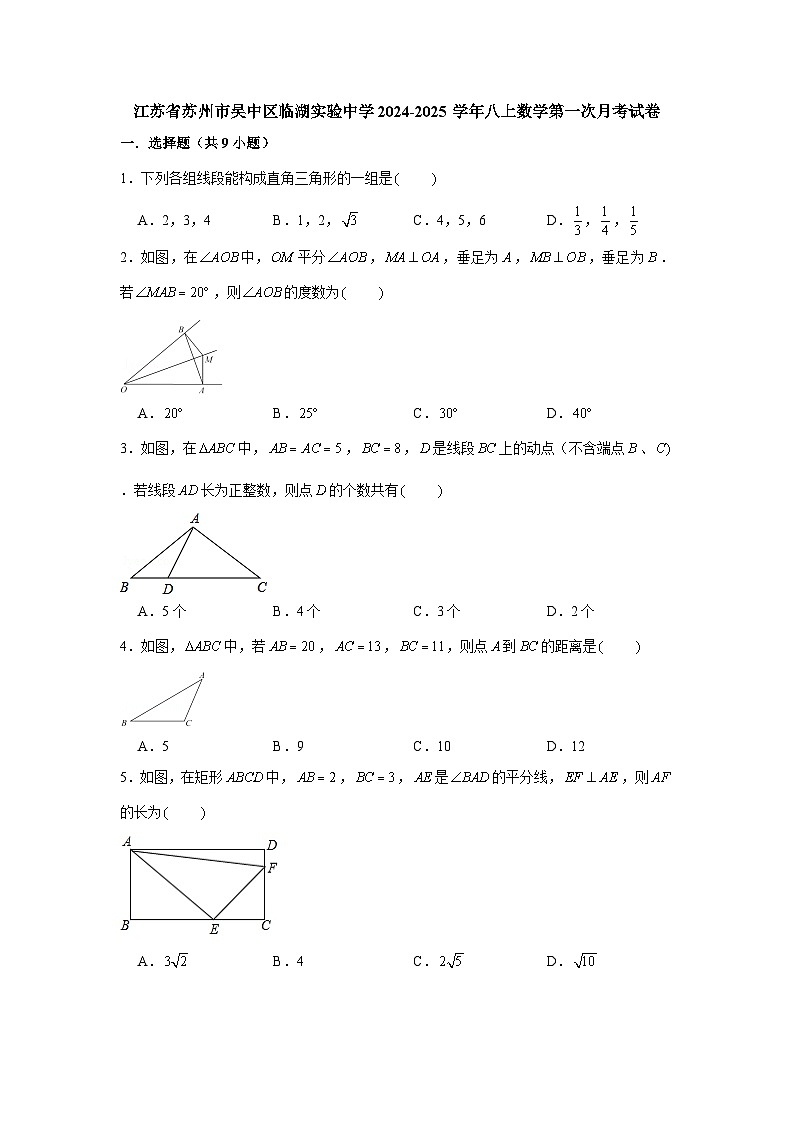 江苏省苏州市吴中区临湖实验中学2024-2025学年‌八上数学第一次月考试卷【含答案】01