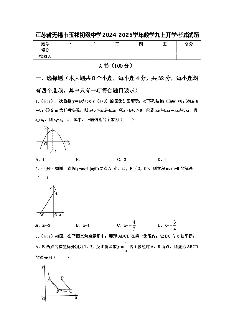 江苏省无锡市玉祁初级中学2024-2025学年数学九上开学考试试题【含答案】第1页