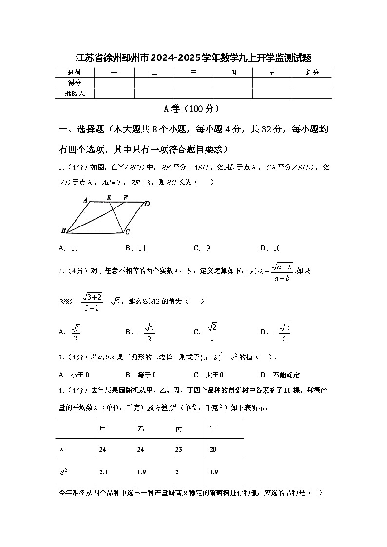 江苏省徐州邳州市2024-2025学年数学九上开学监测试题【含答案】第1页