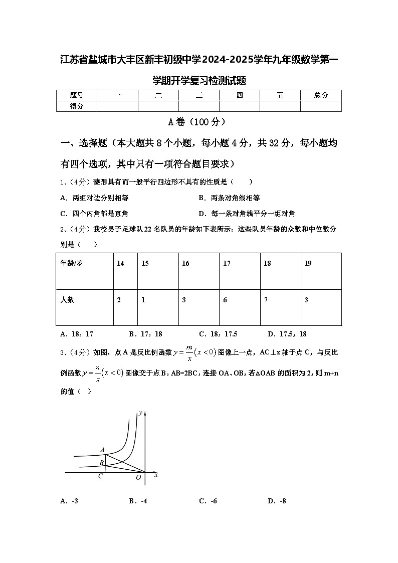 江苏省盐城市大丰区新丰初级中学2024-2025学年九年级数学第一学期开学复习检测试题【含答案】01