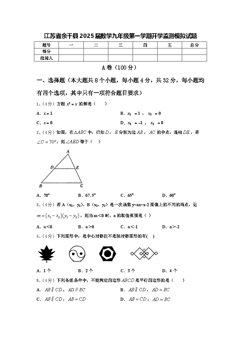 江苏省余干县2025届数学九年级第一学期开学监测模拟试题【含答案】01