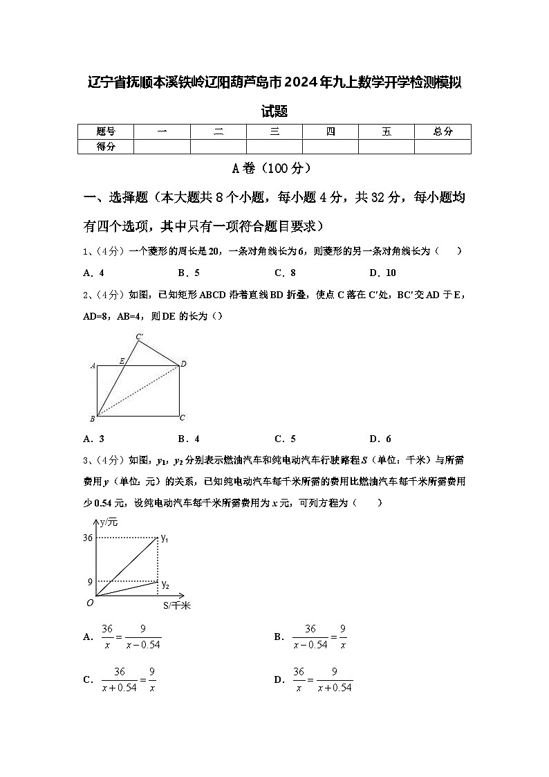 辽宁省抚顺本溪铁岭辽阳葫芦岛市2024年九上数学开学检测模拟试题【含答案】01