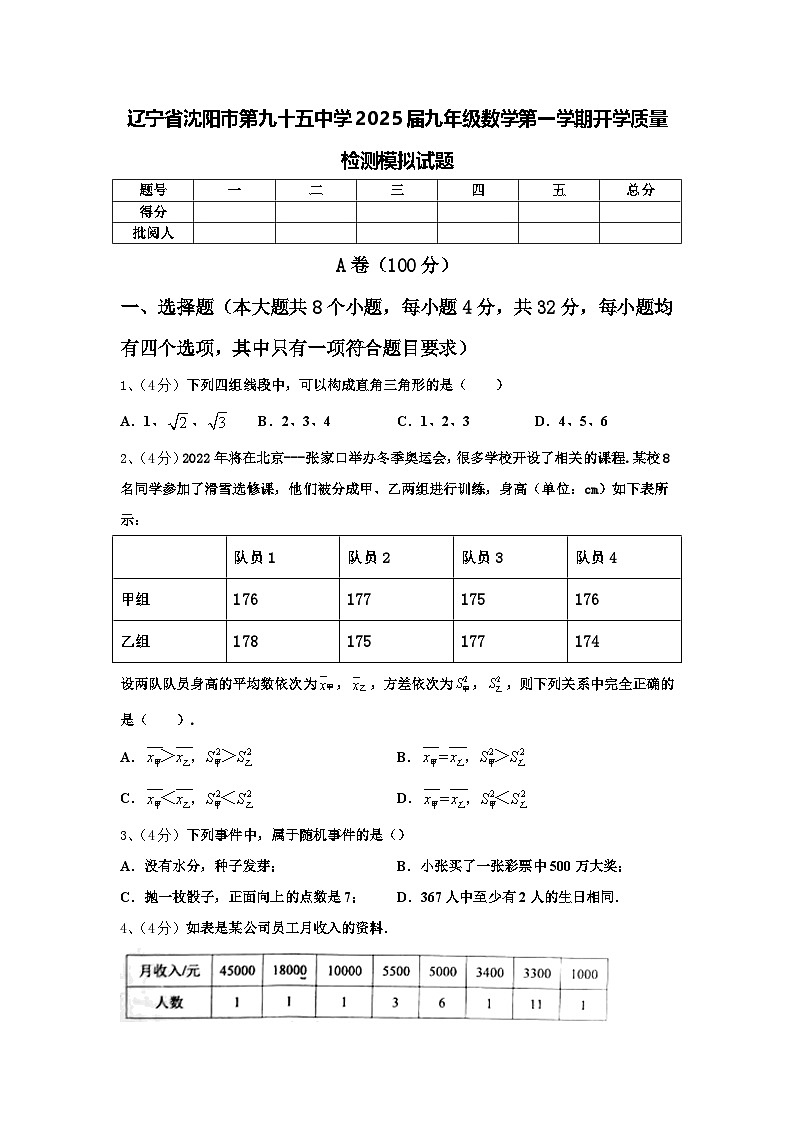 辽宁省沈阳市第九十五中学2025届九年级数学第一学期开学质量检测模拟试题【含答案】第1页