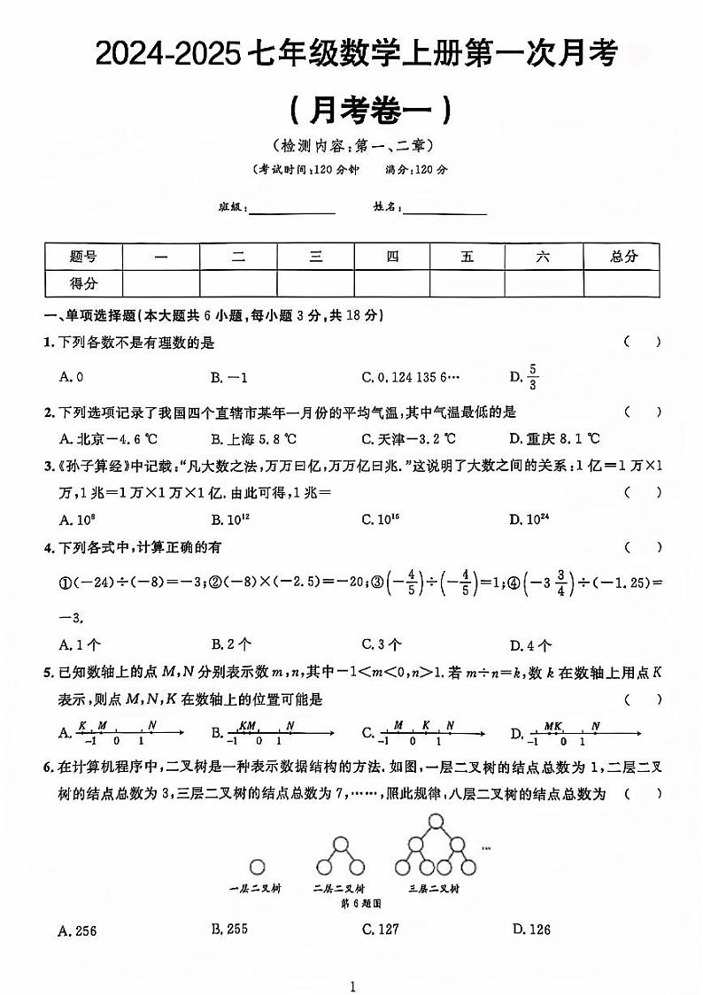 山东省聊城市莘县多校2024-2025学年七年级数学上册第一次月考测试卷01