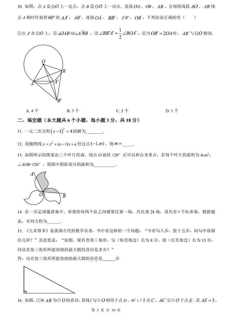 2023-2024师大附中九上期中数学试卷第3页