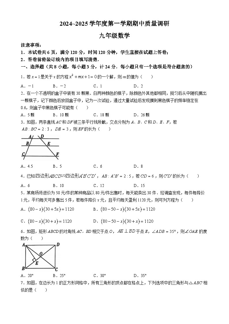 陕西省渭南市临渭区部分学校2024-—2025学年九年级上学期期中质量调研数学试卷(无答案)01