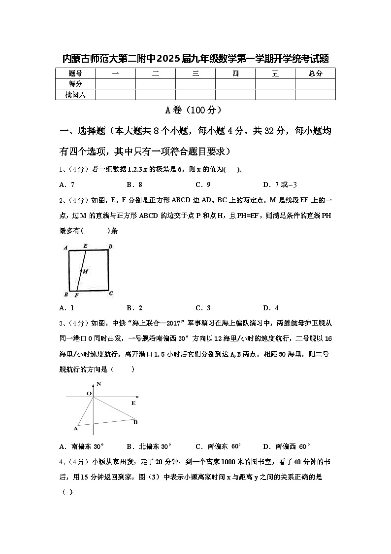 内蒙古师范大第二附中2025届九年级数学第一学期开学统考试题【含答案】01