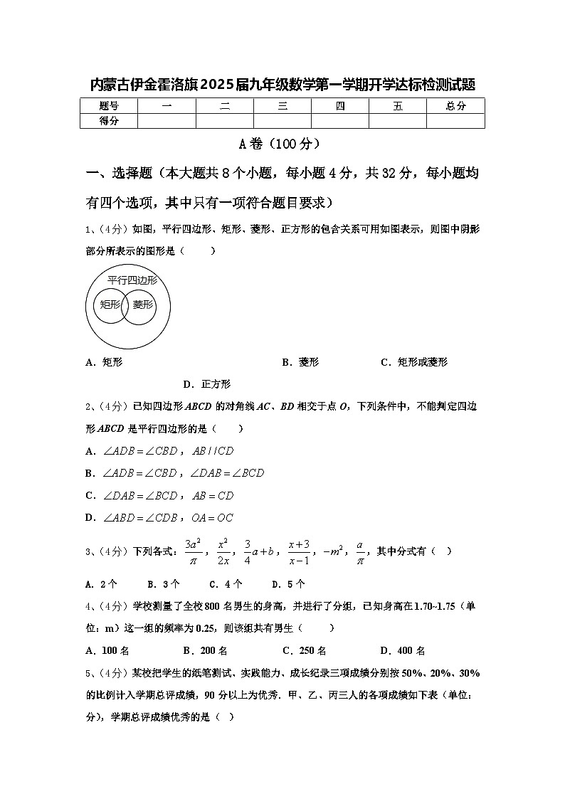 内蒙古伊金霍洛旗2025届九年级数学第一学期开学达标检测试题【含答案】第1页