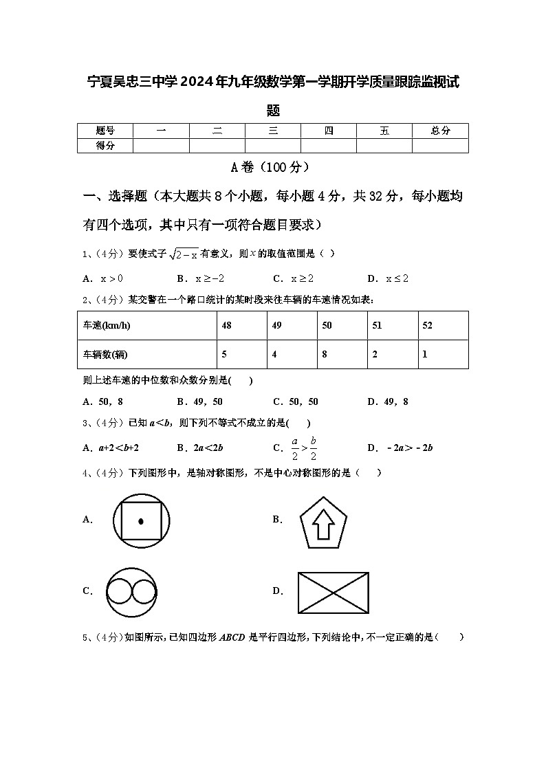 宁夏吴忠三中学2024年九年级数学第一学期开学质量跟踪监视试题【含答案】第1页