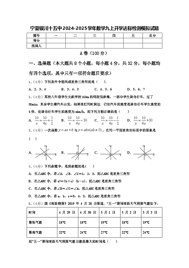 宁夏银川十五中2024-2025学年数学九上开学达标检测模拟试题【含答案】第1页