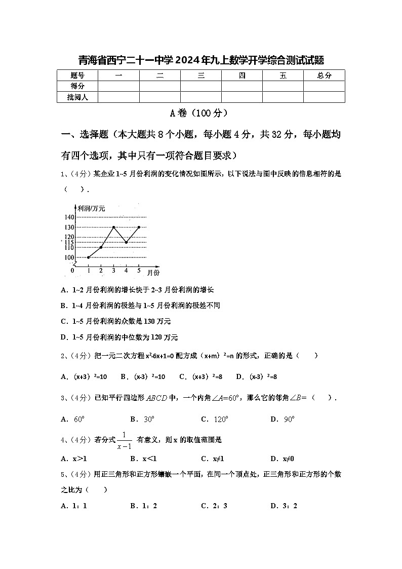 青海省西宁二十一中学2024年九上数学开学综合测试试题【含答案】第1页