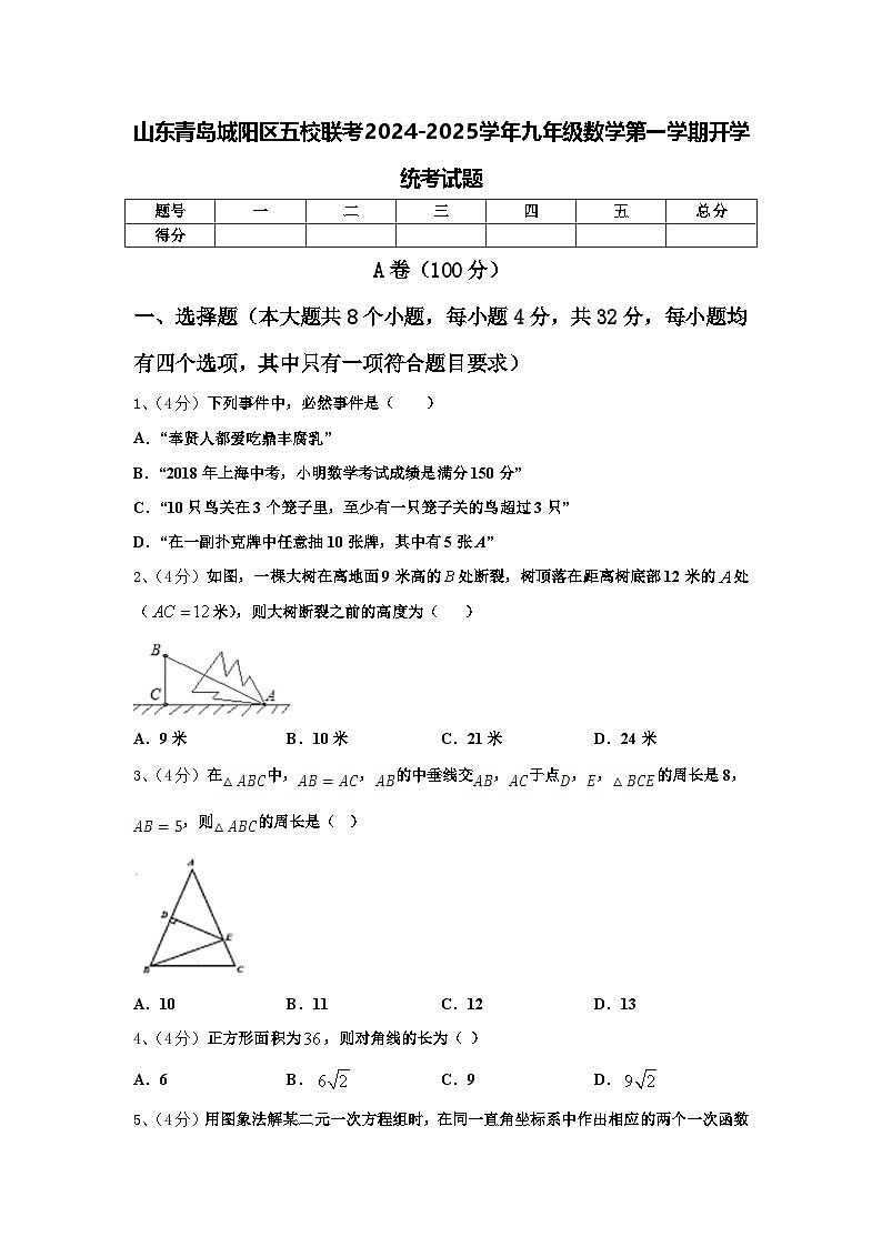 山东青岛城阳区五校联考2024-2025学年九年级数学第一学期开学统考试题【含答案】第1页