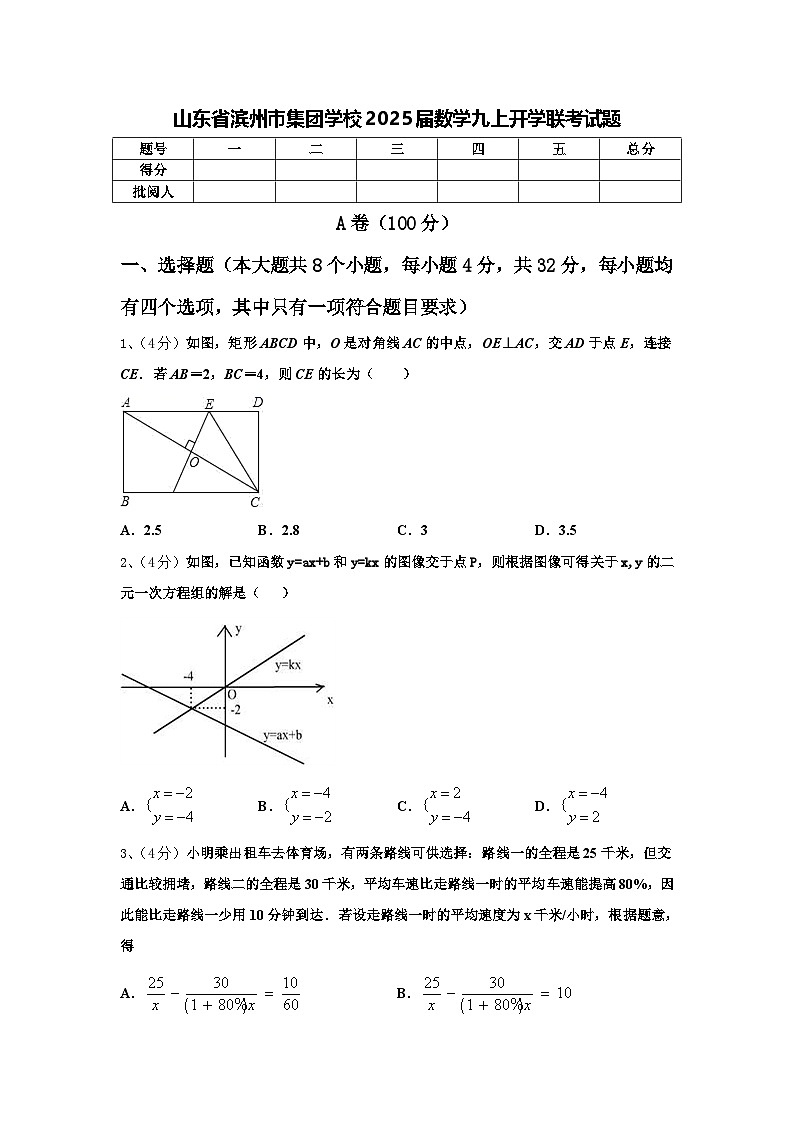 山东省滨州市集团学校2025届数学九上开学联考试题【含答案】01