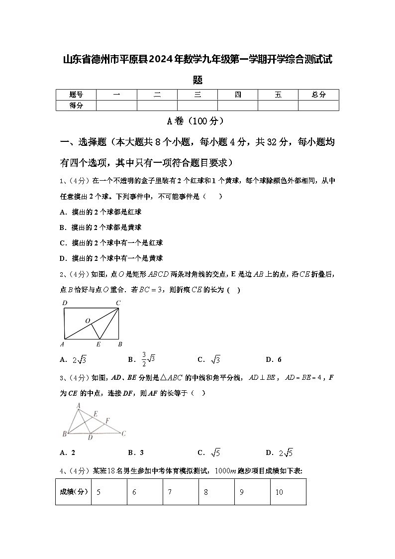 山东省德州市平原县2024年数学九年级第一学期开学综合测试试题【含答案】01