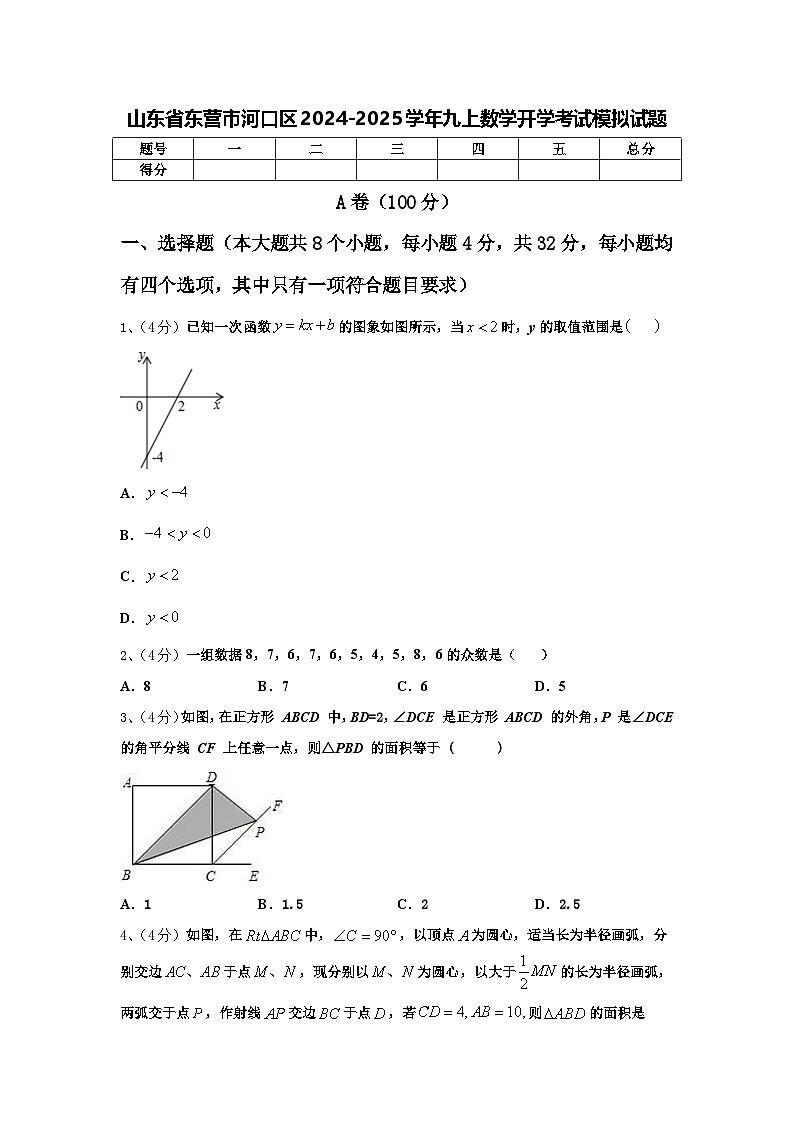 山东省东营市河口区2024-2025学年九上数学开学考试模拟试题【含答案】第1页