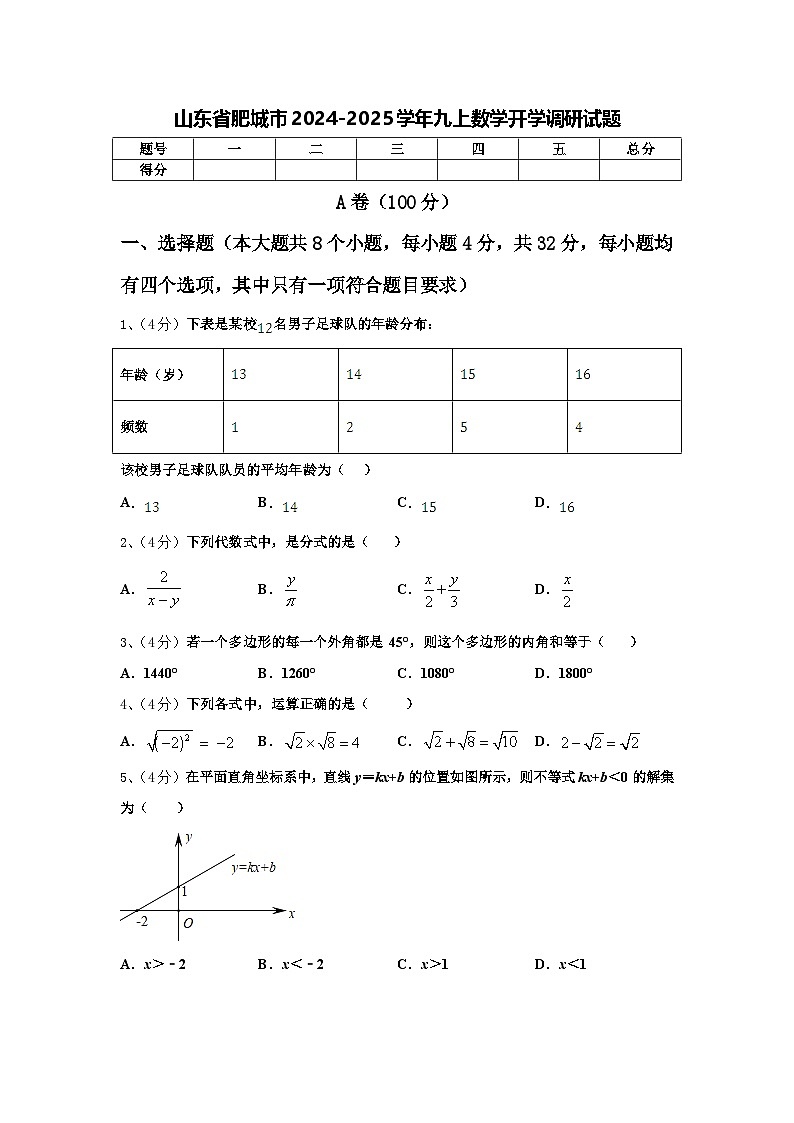 山东省肥城市2024-2025学年九上数学开学调研试题【含答案】第1页