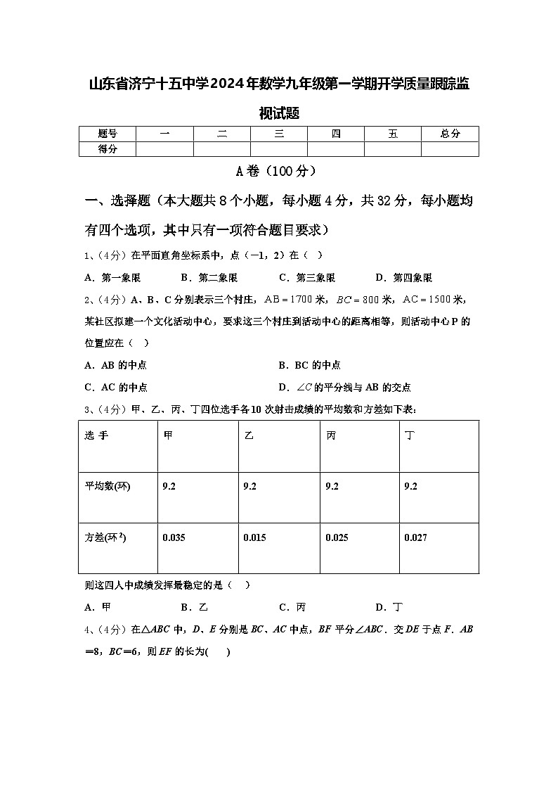 山东省济宁十五中学2024年数学九年级第一学期开学质量跟踪监视试题【含答案】01