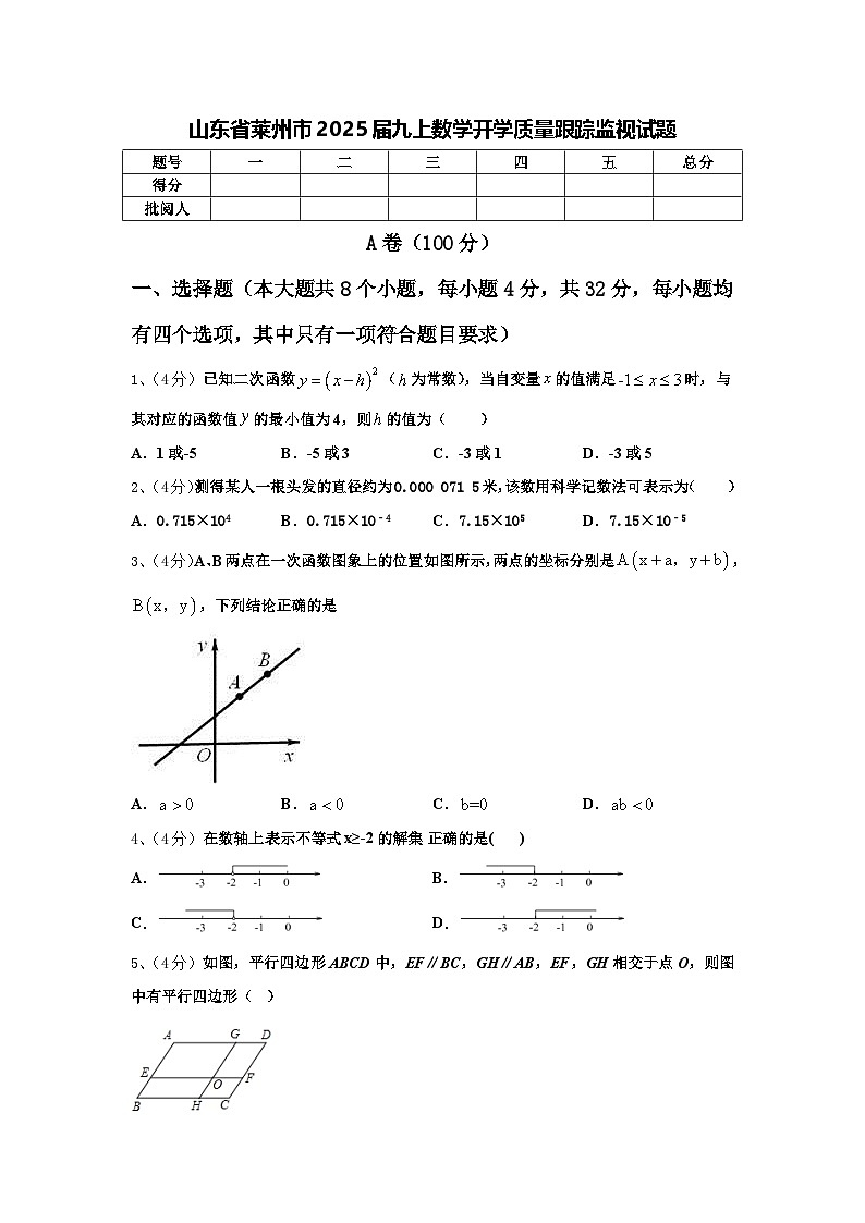 山东省莱州市2025届九上数学开学质量跟踪监视试题【含答案】01