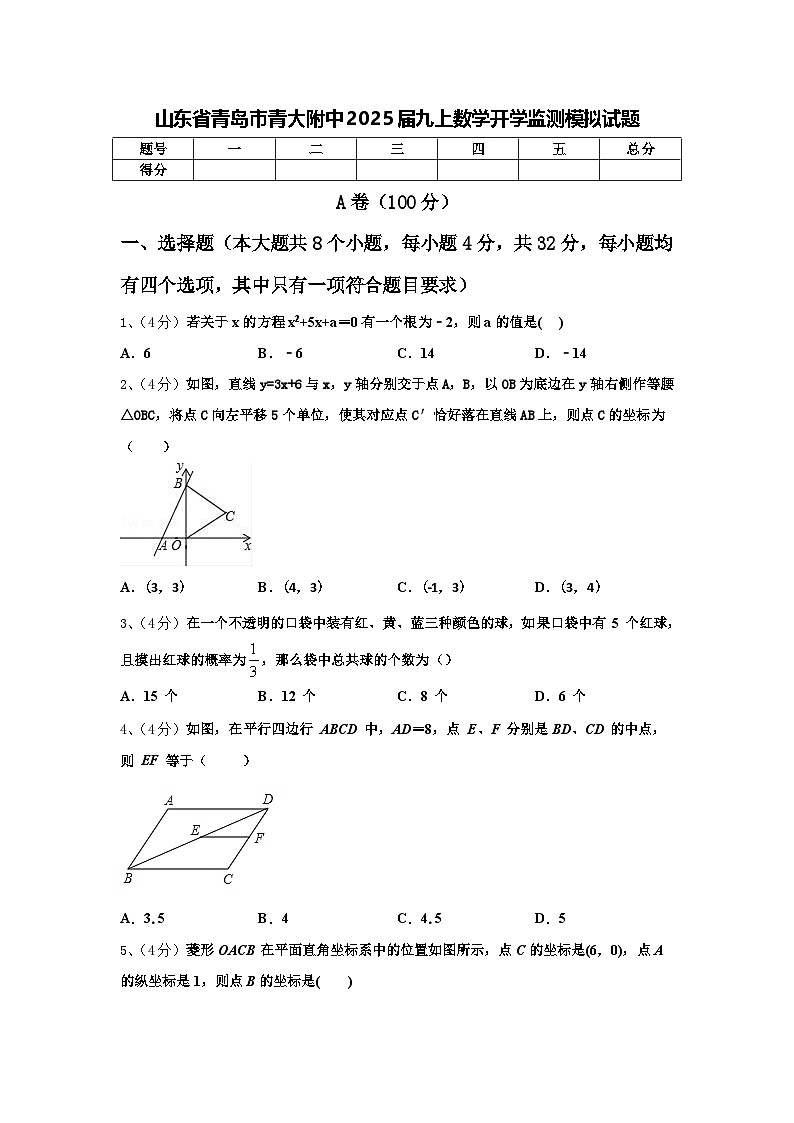 山东省青岛市青大附中2025届九上数学开学监测模拟试题【含答案】第1页