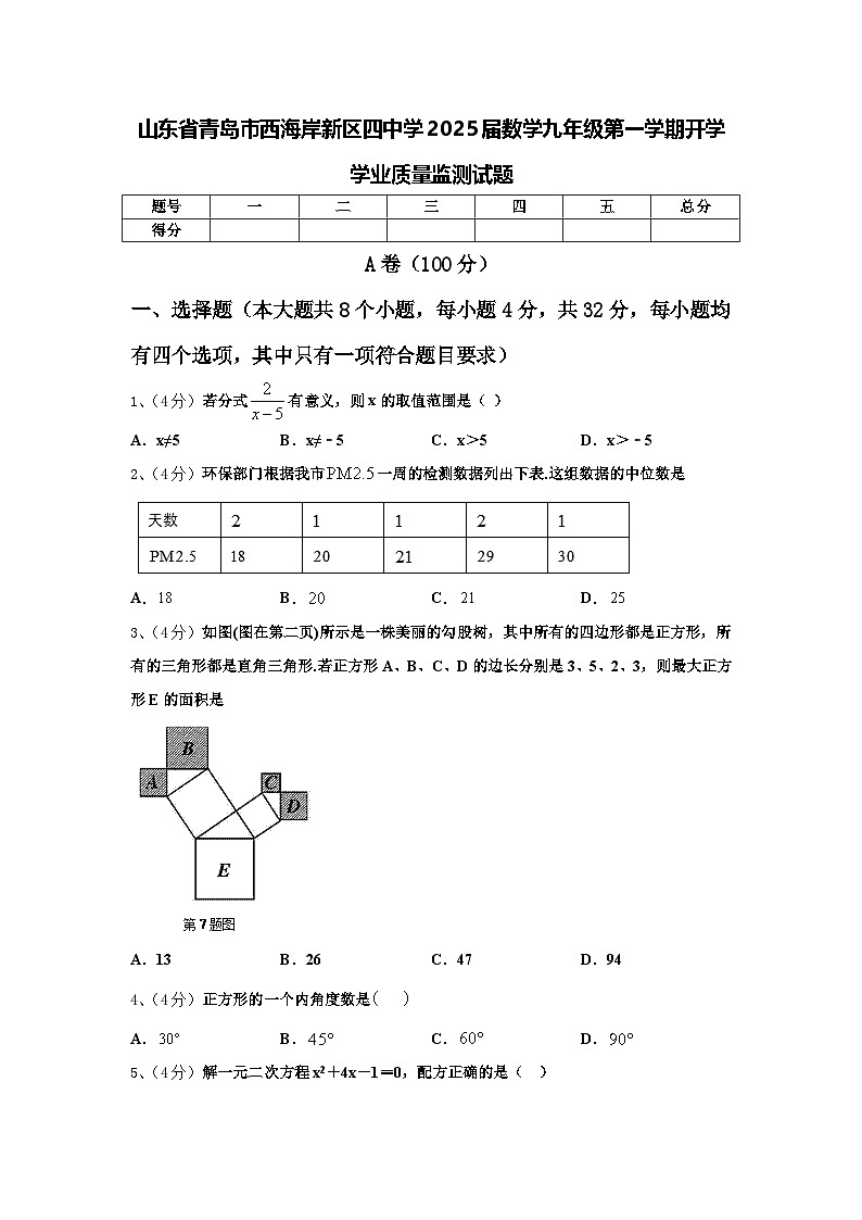 山东省青岛市西海岸新区四中学2025届数学九年级第一学期开学学业质量监测试题【含答案】01