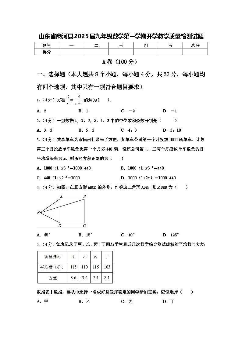山东省商河县2025届九年级数学第一学期开学教学质量检测试题【含答案】第1页