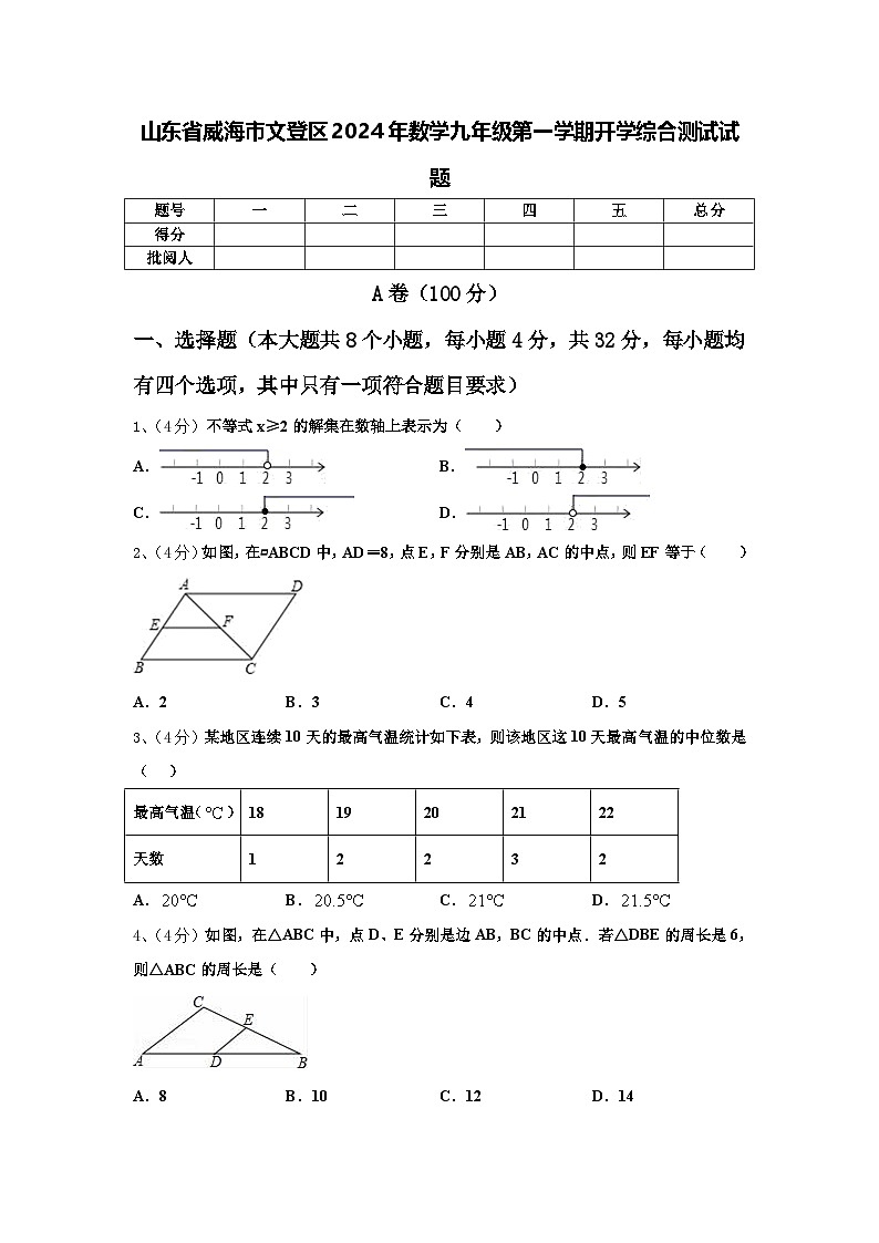山东省威海市文登区2024年数学九年级第一学期开学综合测试试题【含答案】第1页