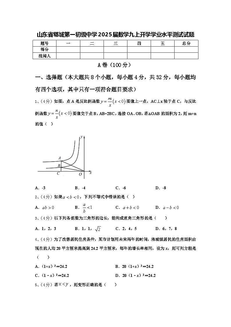 山东省郓城第一初级中学2025届数学九上开学学业水平测试试题【含答案】第1页