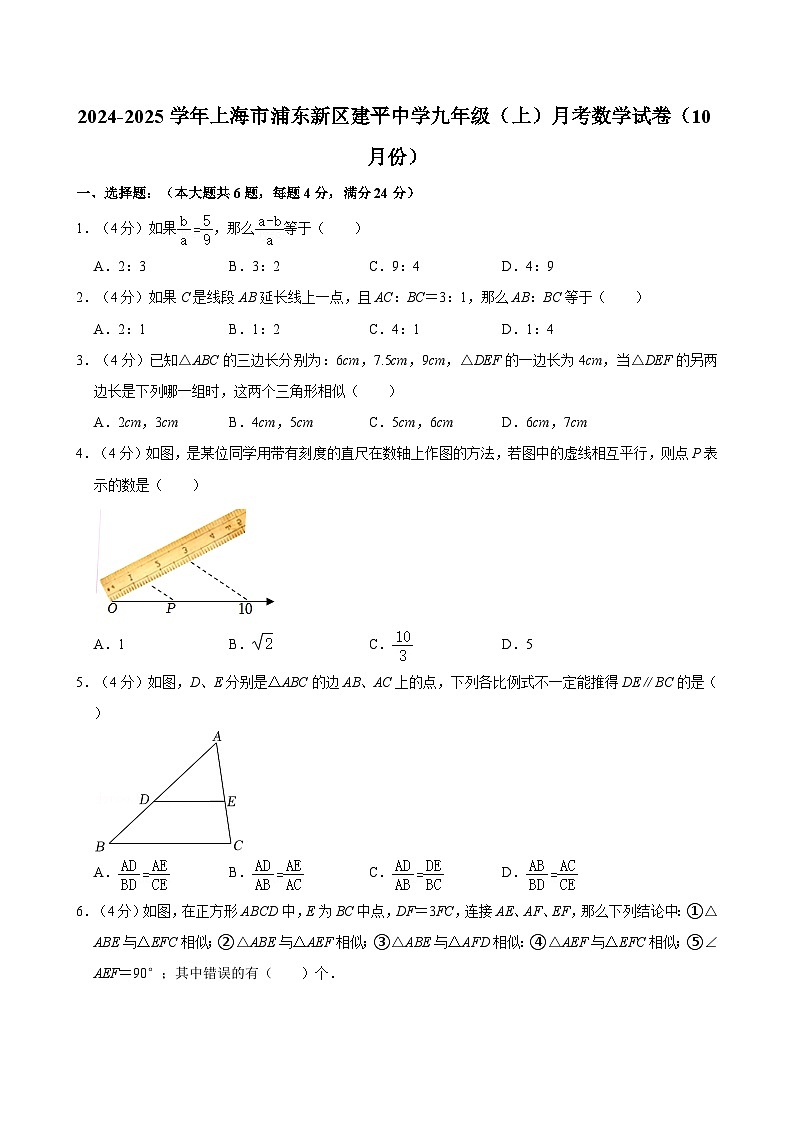 上海市浦东新区建平中学2024-2025学年九年级上学期10月月考数学试卷第1页