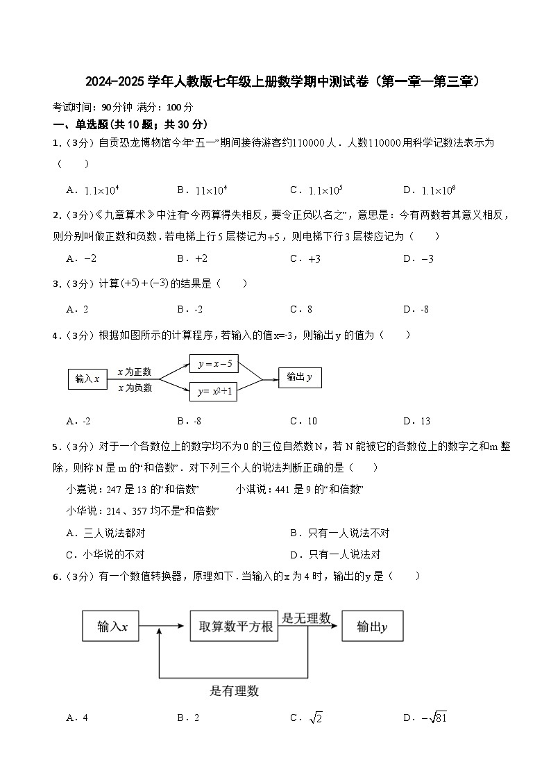2024-2025学年人教版七年级上册数学期中测试卷（第一章--第三章）（含答案）第1页