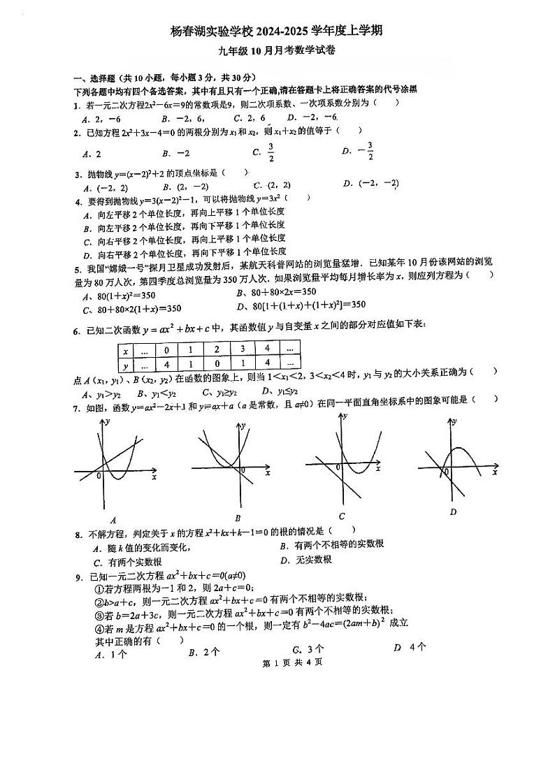 湖北省武汉市洪山区杨春湖实验学校2024-2025学年九年级上学期10月月考数学试卷第1页